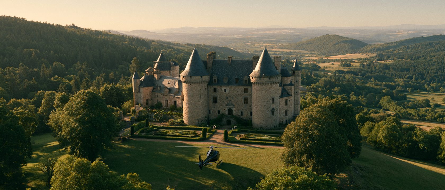 Die Türme des Château de Busset über den Baumkronen
