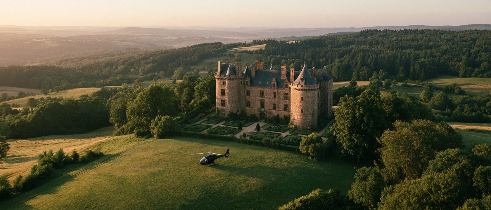 Château de Busset im Abendlicht mit Blick ins Tal